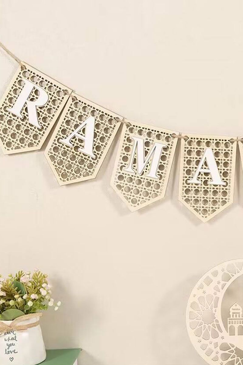 2-in-1 Ramadan & Eid Mubarak Wooden Banner Set - Rattan Boho Bunting 