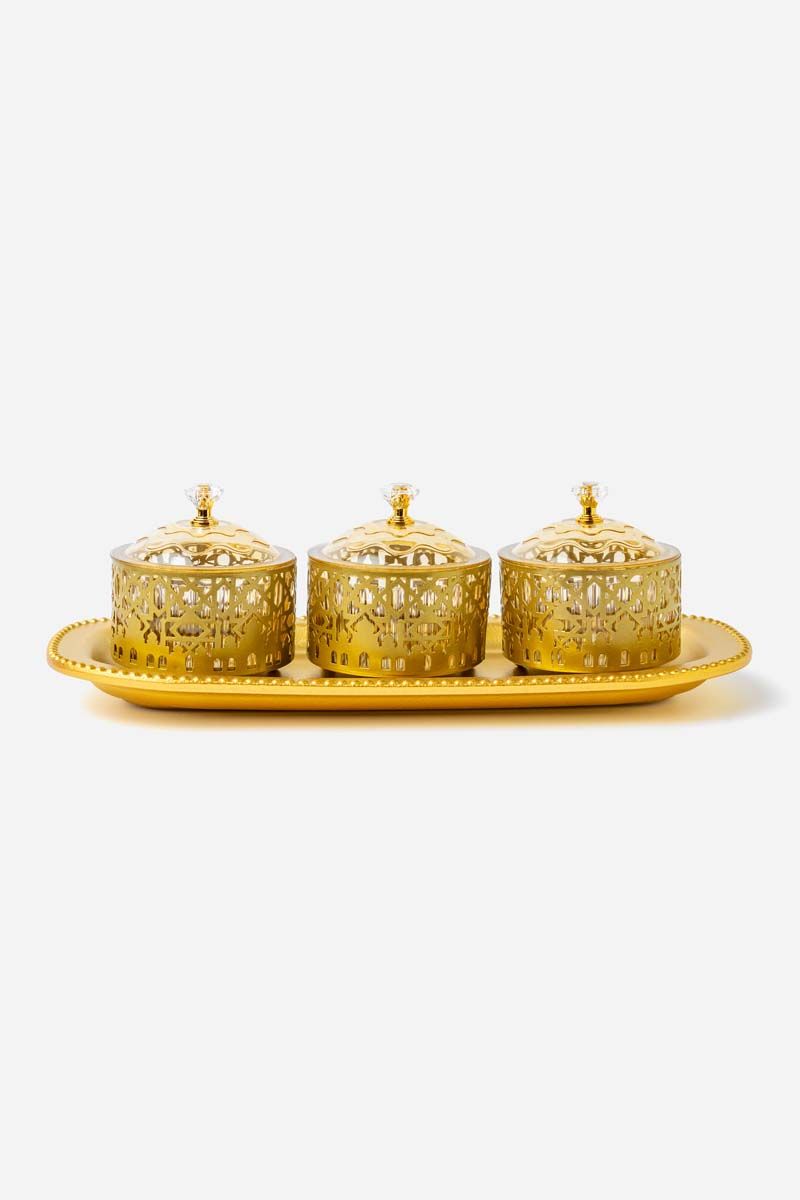 3-Piece Gold Metal Tray Set with Lids