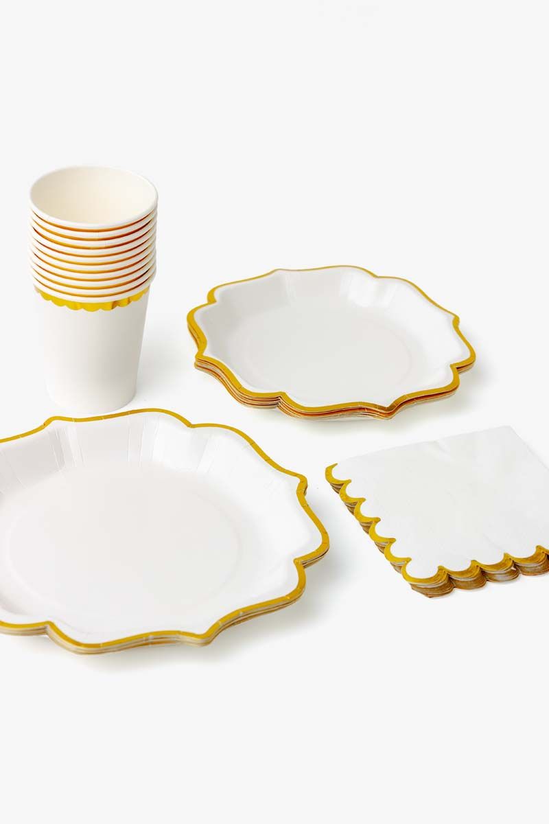 10 Pack - White Scalloped Edge Paper Plates, Cups & Napkins Set with Gold Foil
