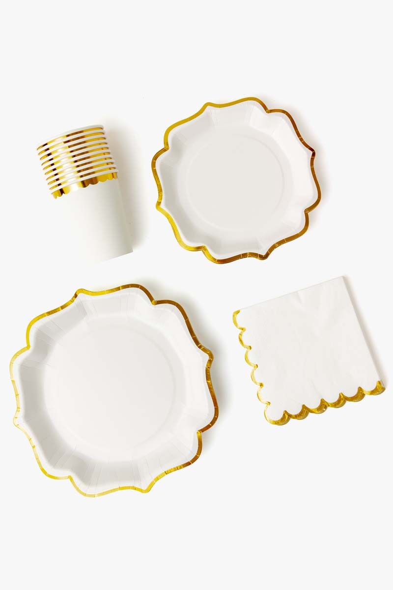 10 Pack - White Scalloped Edge Paper Plates, Cups & Napkins Set with Gold Foil