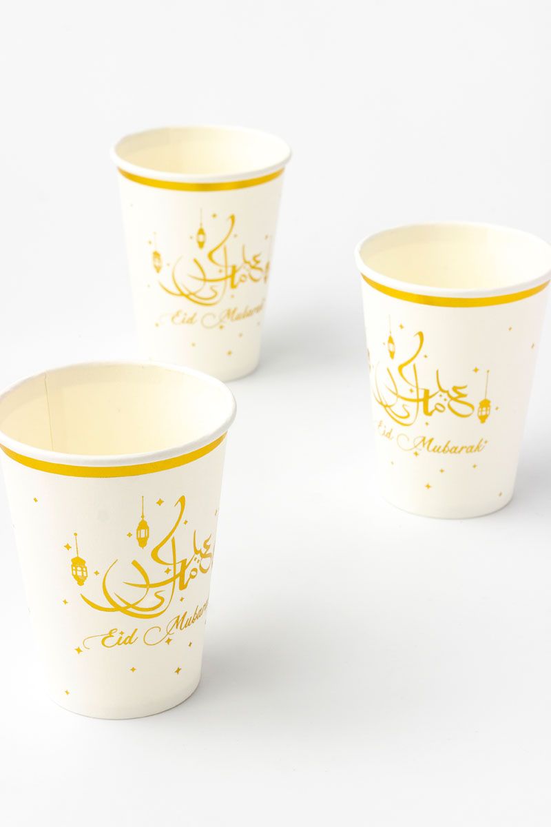 White Eid Mubarak Paper Cups 12oz (Pack of 8)