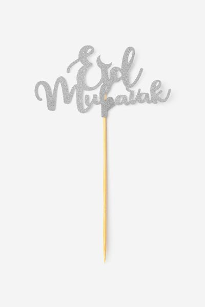 Eid Mubarak - Silver Glitter Paper Cupcake Toppers (Pack of 5)
